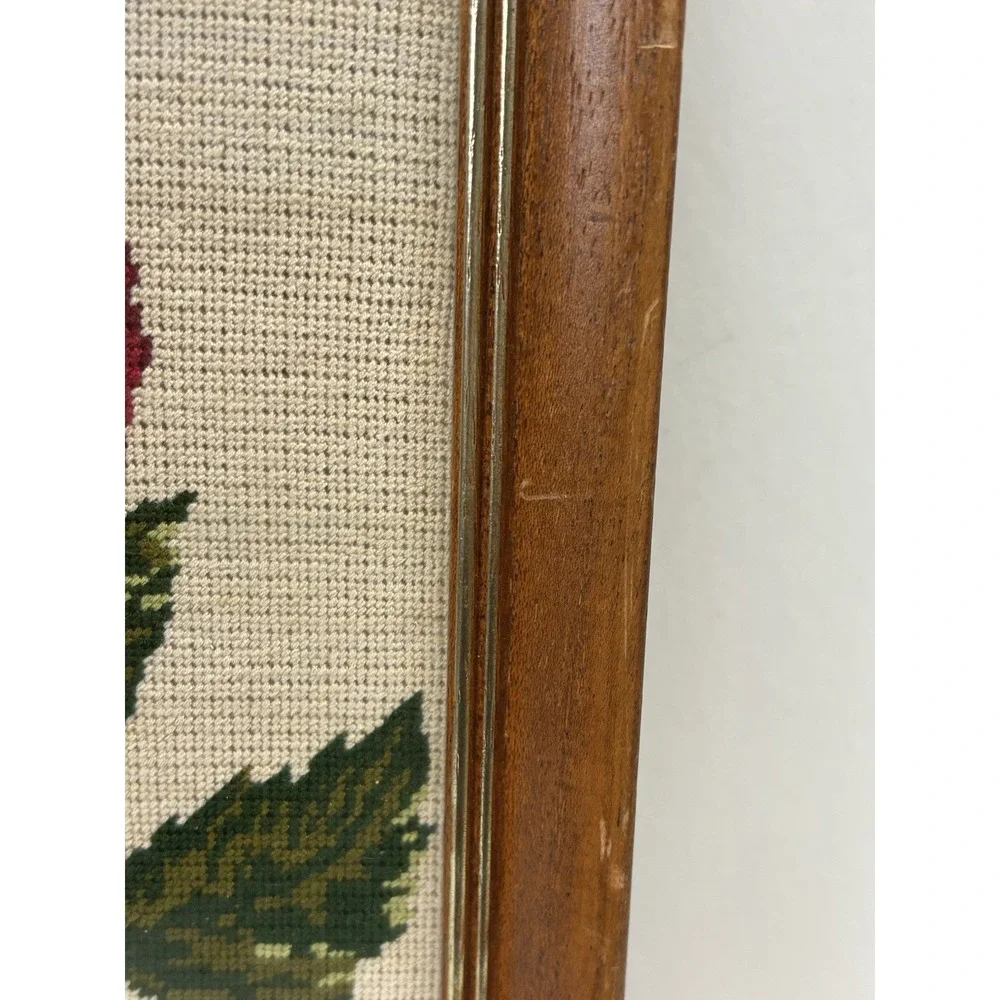 Vtg Framed Floral Roses Needlework Art Rectangular Gallery Wall Kitschy